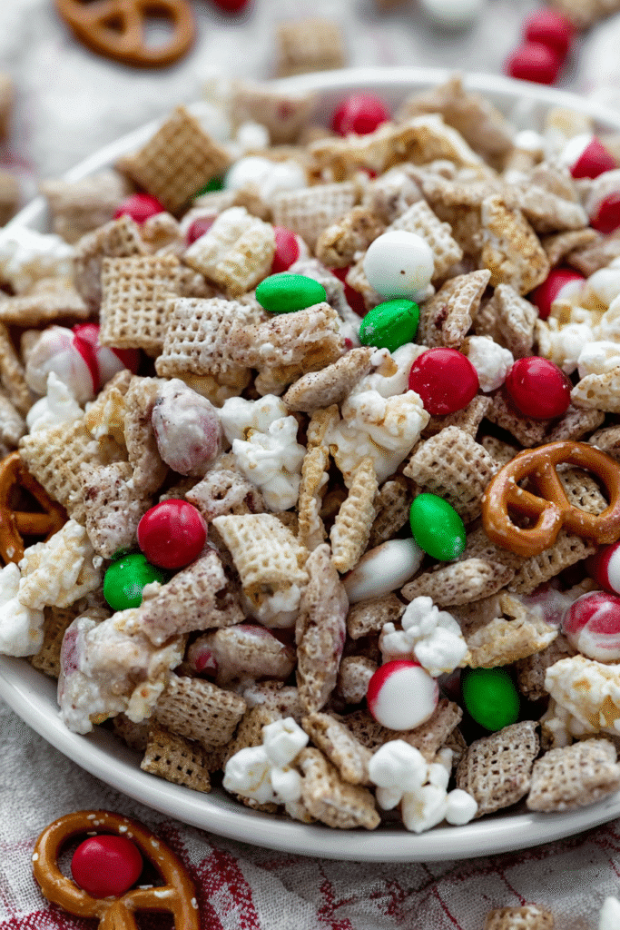 gluten free reindeer chow close up with cereal and pretzels