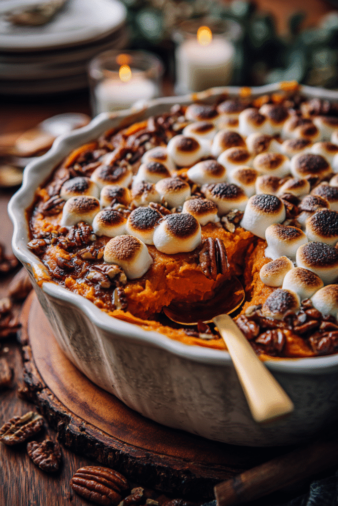 Close up of southern maple sweet potato casserole with pecans and marshmallows