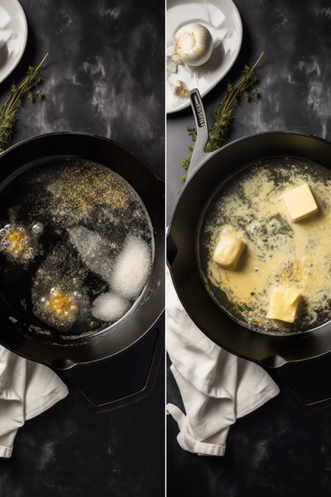 Garlic and herbs sautéing in a white-handled cast iron skillet for creamy spinach pasta sauce