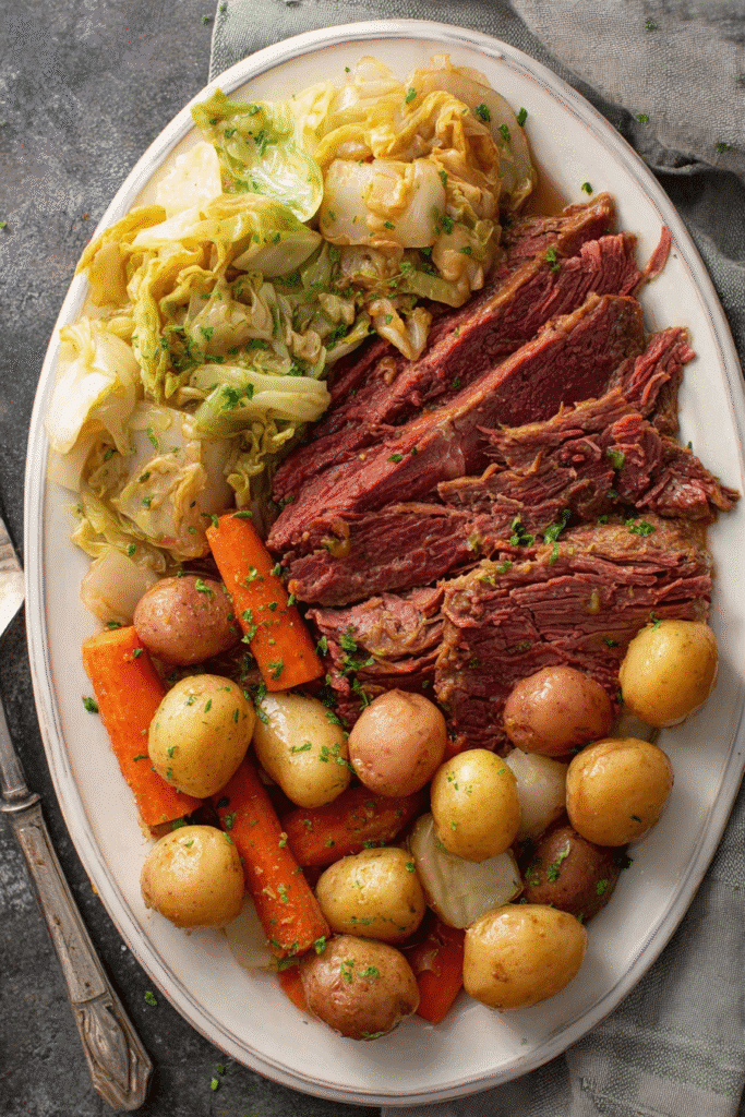 overhead plate of corned beef and cabbage with carrots and potatoes