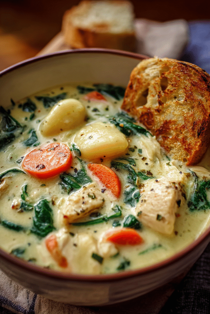 Olive Garden Chicken Gnocchi Soup. Creamy broth with gnocchi, chicken, spinach, carrots, and crusty bread. Cozy comfort food.