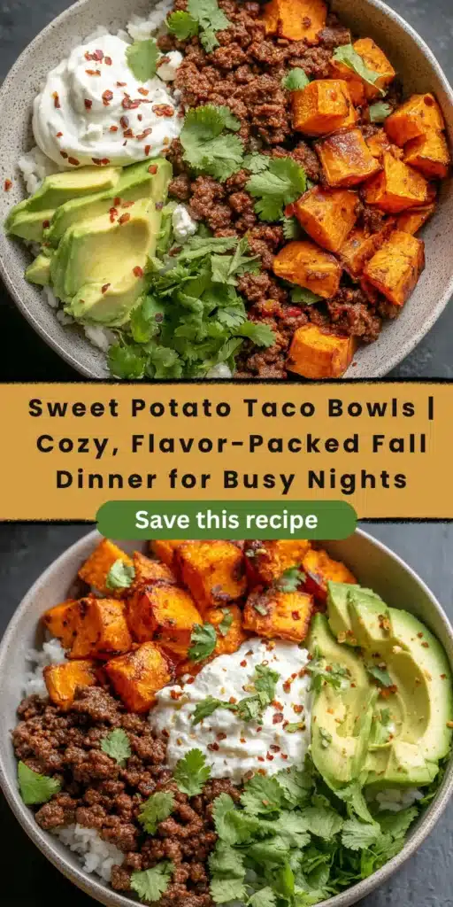 Sweet potato taco bowls. Bowl with sweet potatoes, seasoned meat, avocado, cilantro, and sour cream. Thanksgiving dinner.