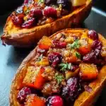 cranberry apple twice-baked sweet potatoes filled with caramelized fruit on a baking tray