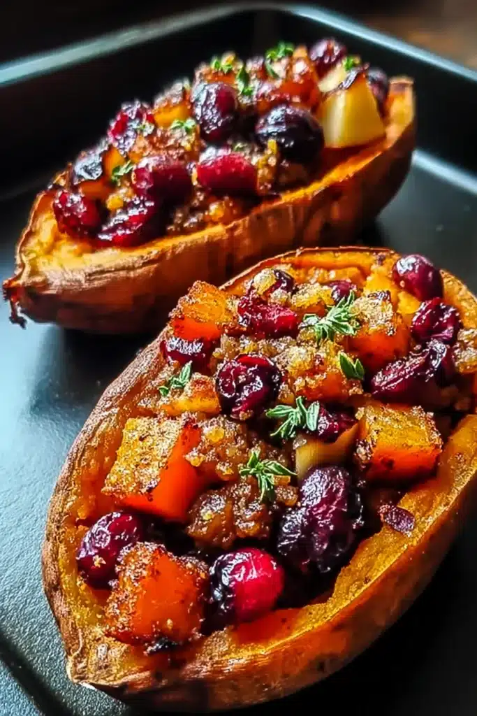 cranberry apple twice-baked sweet potatoes filled with caramelized fruit on a baking tray