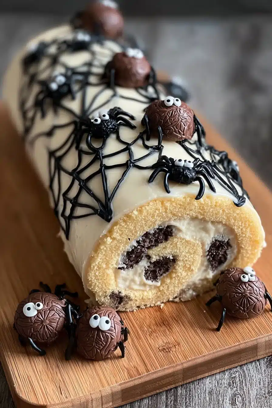 Cream spiderweb roll cake topped with chocolate spiders and black icing web on wooden board