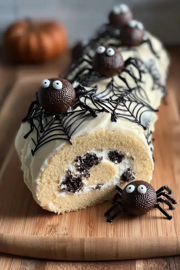 Cream spiderweb roll cake topped with chocolate spiders