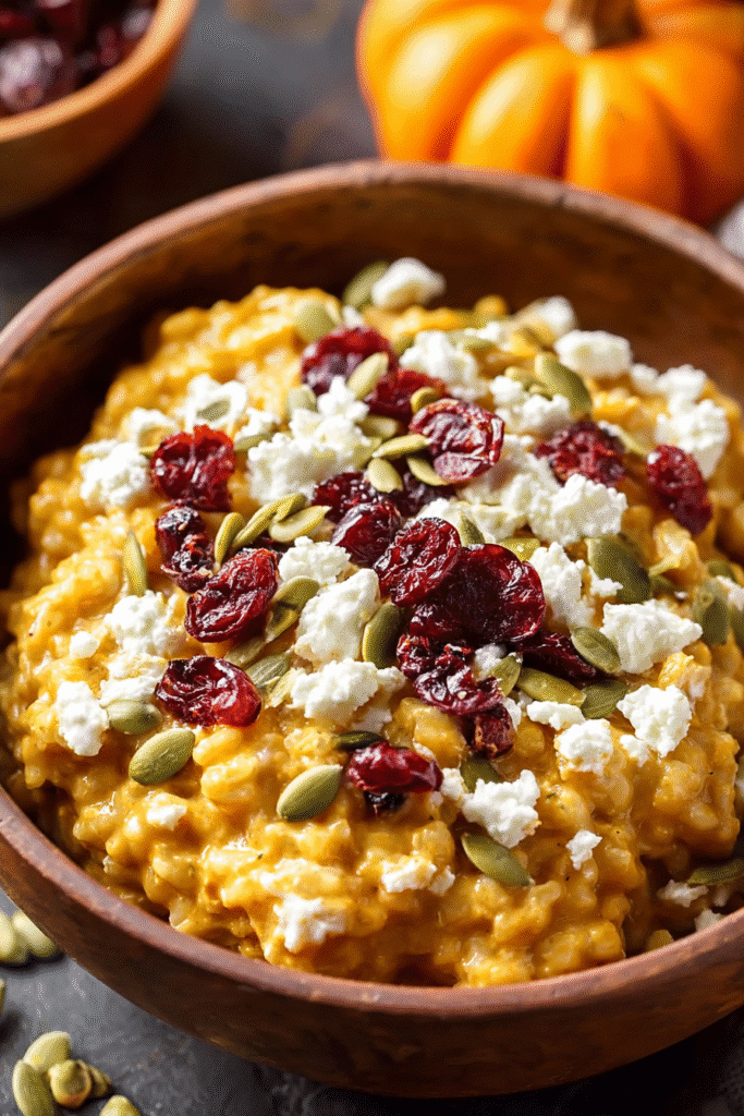 Baked pumpkin goat cheese risotto in a wooden bowl. Topped with cranberries and pumpkin seeds. Creamy fall comfort food.