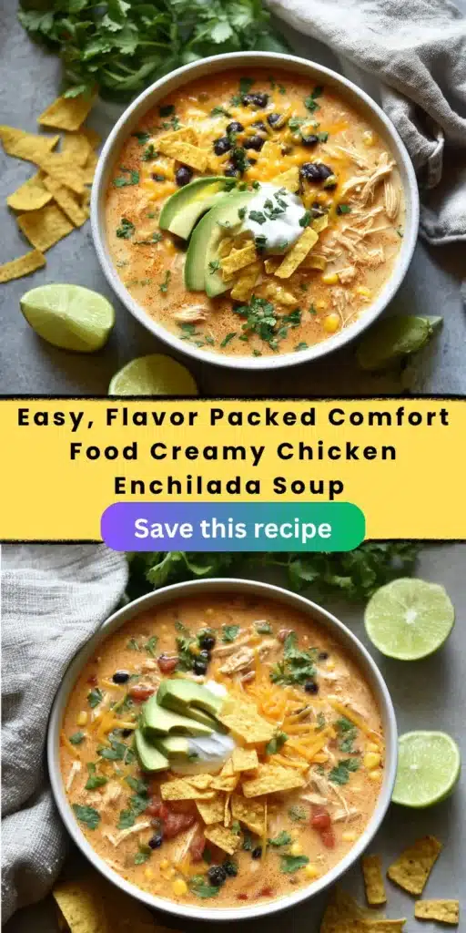 Creamy chicken enchilada soup bowl. Garnished with avocado, tortilla chips, cilantro, and lime. Easy comfort food recipe.