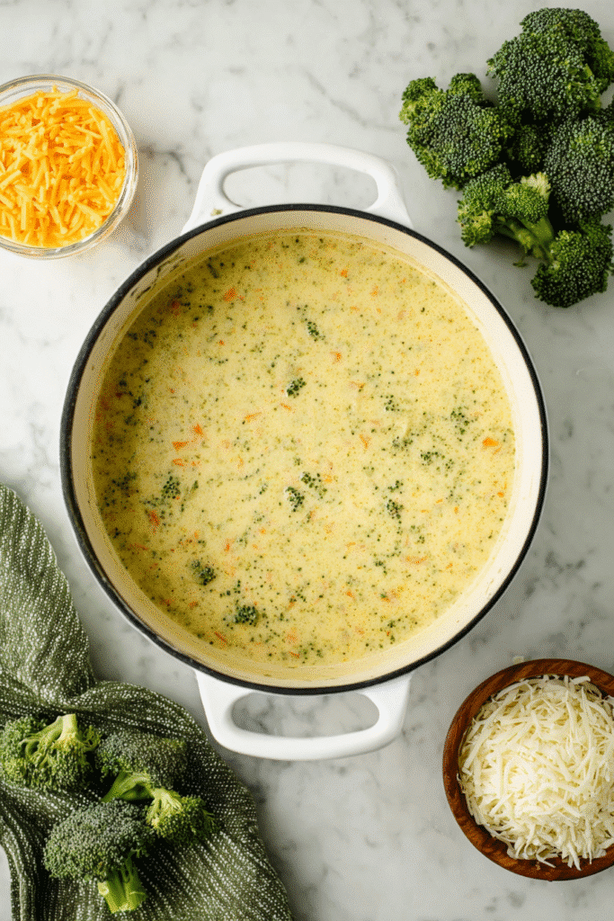Overhead view of creamy high protein broccoli cheddar soup in a pot with shredded cheese and fresh broccoli.