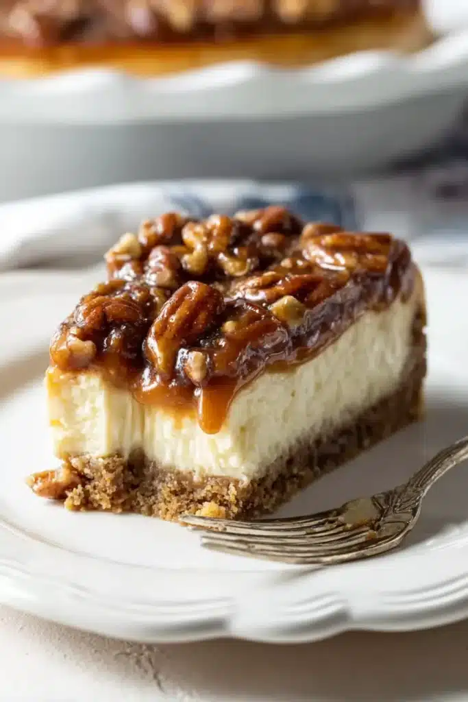 A slice of pecan pie cheesecake with caramel pecan topping on a white plate with a fork
