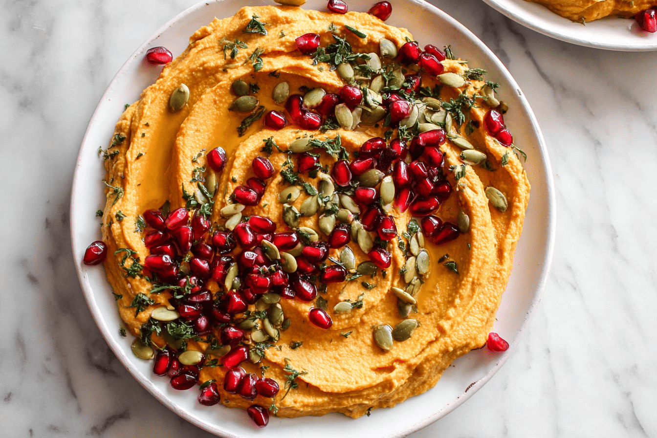 Creamy pumpkin hummus topped with pomegranate and pumpkin seeds on a white plate