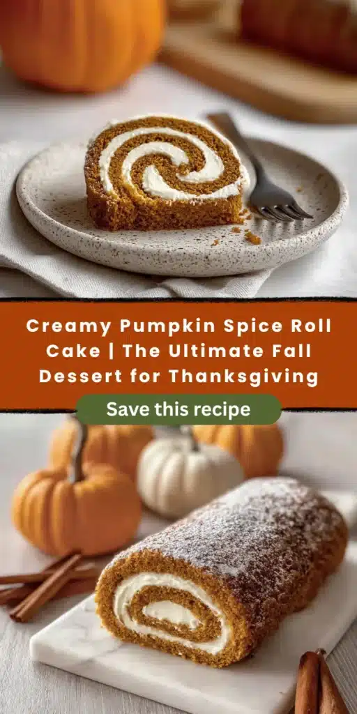 Fall pumpkin spice roll cake. Cream cheese frosting swirl. Thanksgiving dessert recipe. Cinnamon sticks and pumpkins.