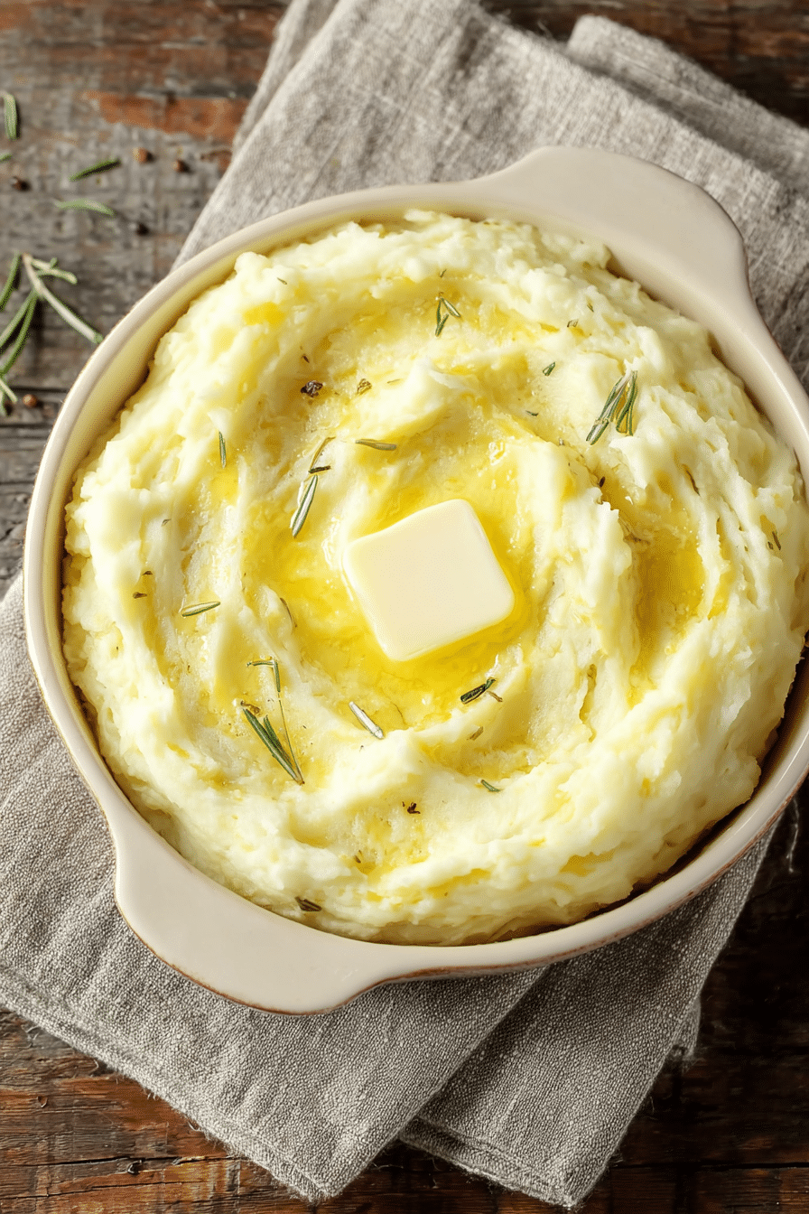 creamy rosemary garlic mashed potatoes with butter in white dish on rustic table