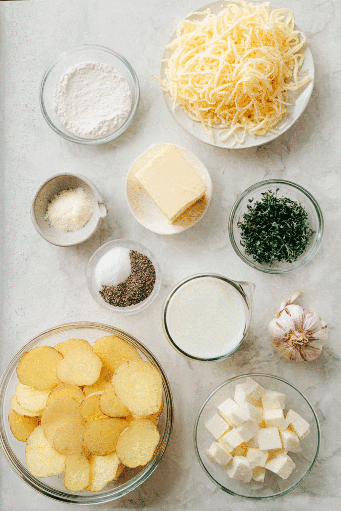 creamy scalloped potatoes ingredients laid out on marble in bowls