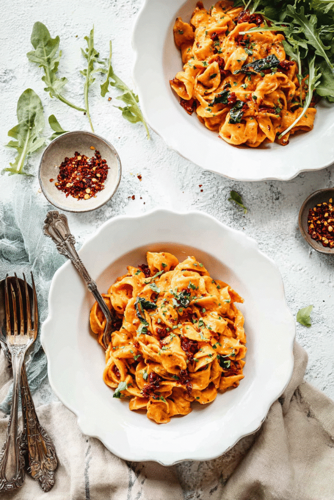 creamy sun-dried tomato pasta in skillet with spinach