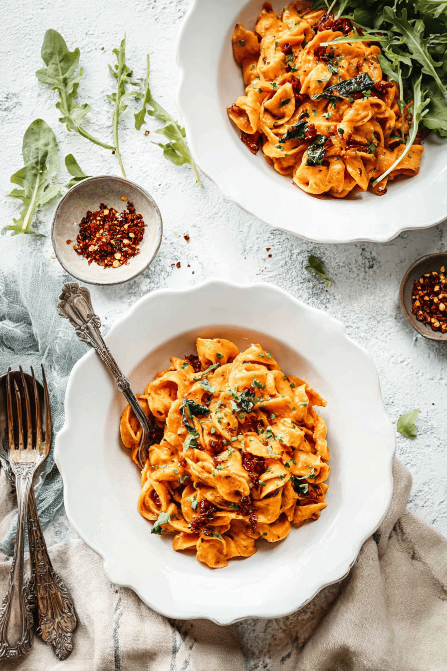 creamy sun-dried tomato pasta in skillet with spinach