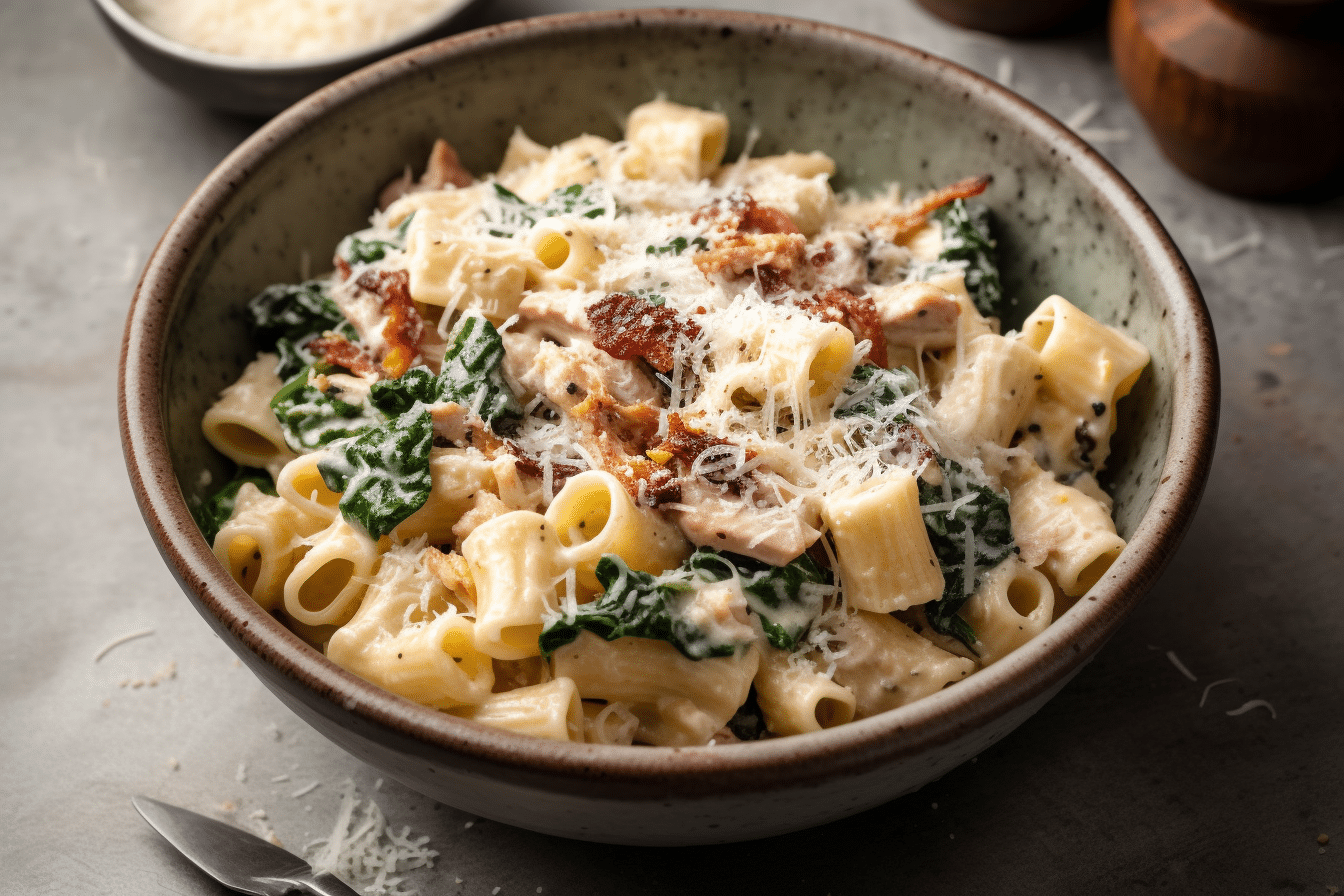 Close-up of creamy Tuscan chicken pasta with rigatoni, sun-dried tomatoes, spinach, and Parmesan cheese in a garlic cream sauce