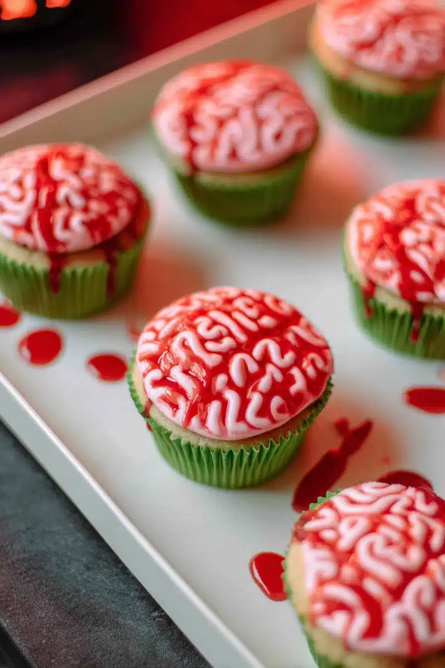 Halloween zombie cupcakes with brain frosting and red syrup