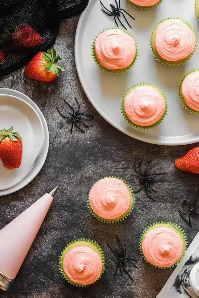 Unfrosted and frosted pink Halloween zombie cupcakes with piping bag and spiders