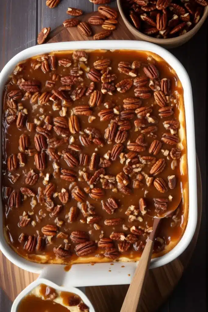 Pecan Pie Cheesecake topped with caramelized pecan topping in a white baking dish