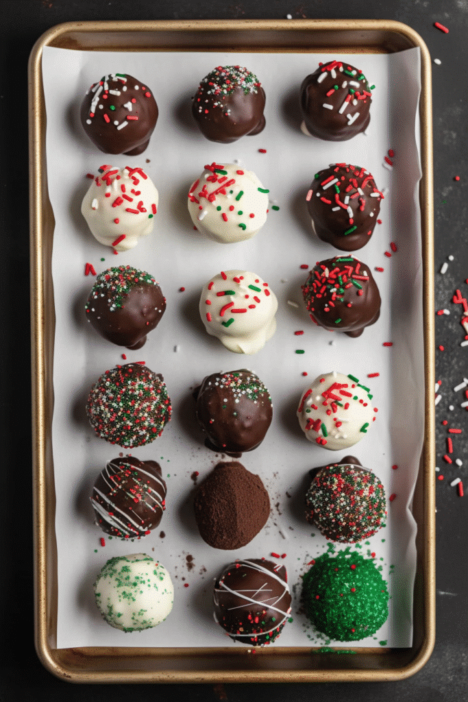 Christmas Oreo balls decorated with sprinkles on a baking tray