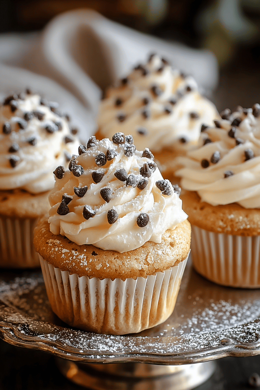cannoli cupcakes with cream frosting and chocolate chips on a silver tray