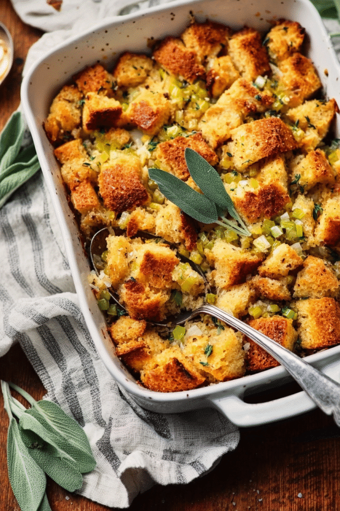 delicious grandma’s thanksgiving stuffing in white dish with serving spoon