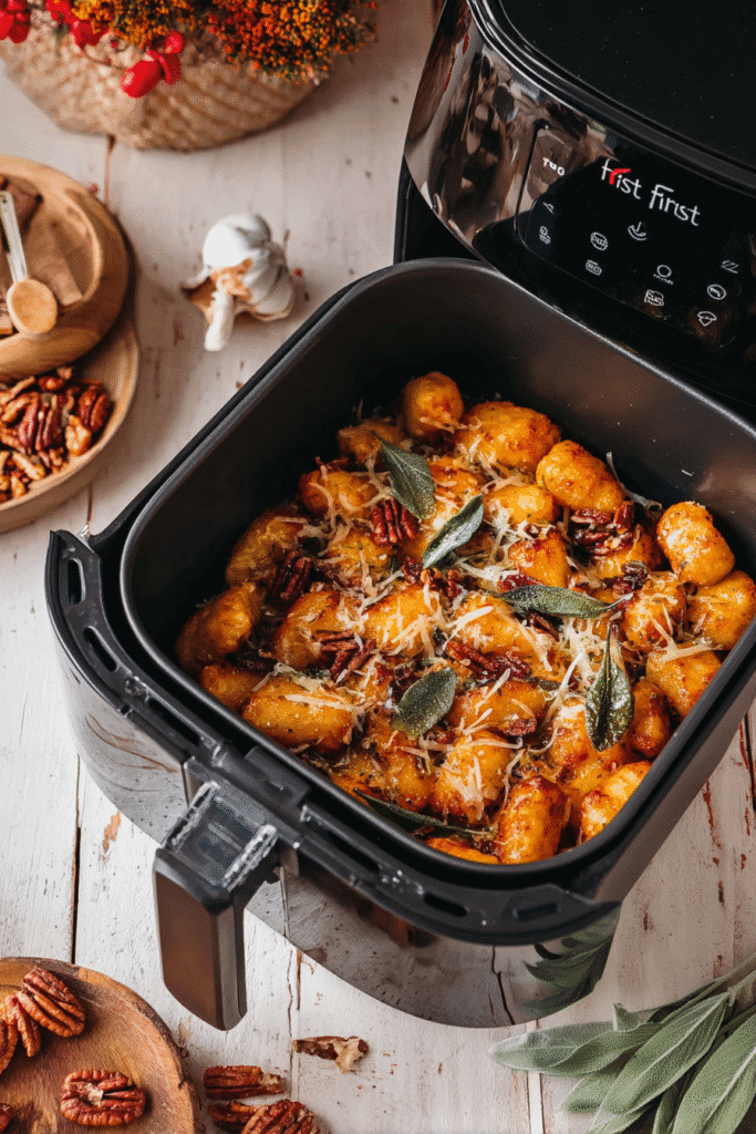 Air fryer pumpkin gnocchi bake. Gnocchi with pumpkin, pecans, and sage in an air fryer. Easy, creamy, crispy, and cozy.