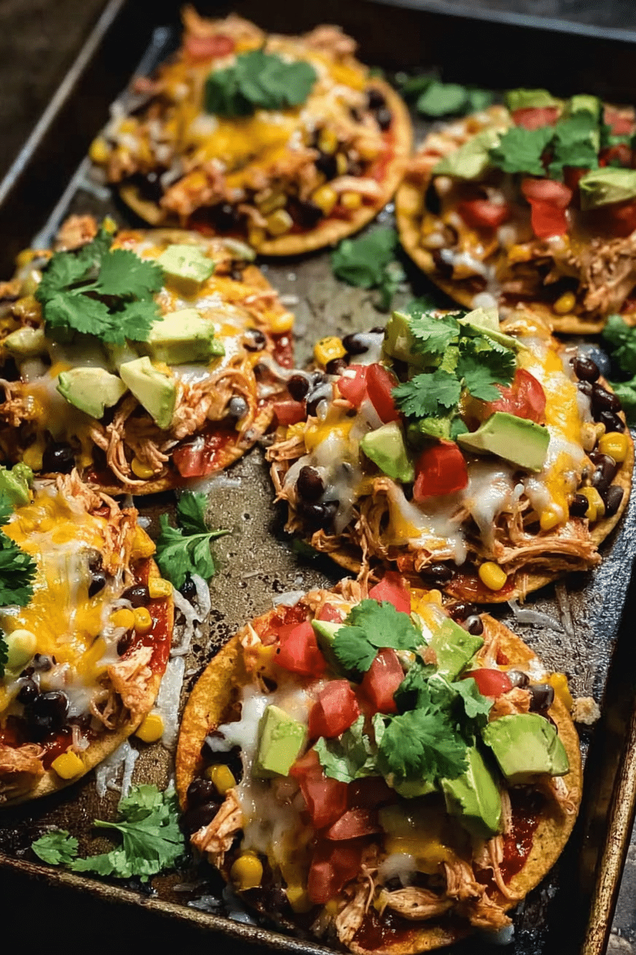 chicken tostadas with melted cheese avocado tomatoes and cilantro on baking sheet