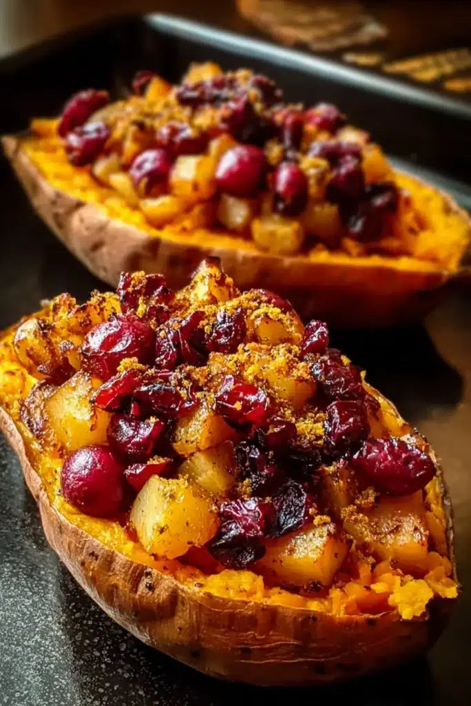 cranberry apple twice-baked sweet potatoes with roasted fruit in a dark pan