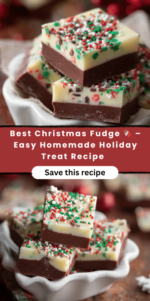 Christmas fudge. Homemade holiday dessert with chocolate, white chocolate, and festive sprinkles.