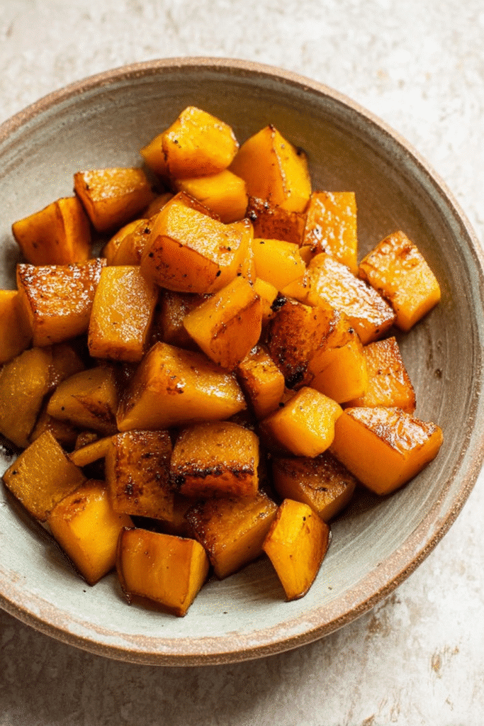 Honey roasted butternut squash in a bowl. Easy side dish with caramelized edges.