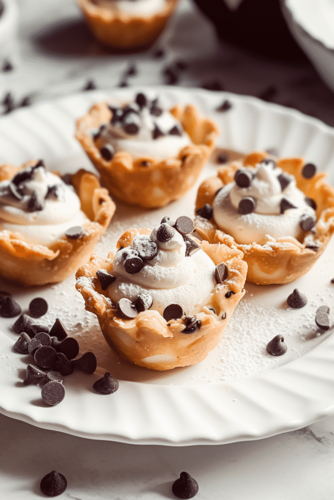 Mini cannoli cups with ricotta filling and chocolate chips arranged on a white plate