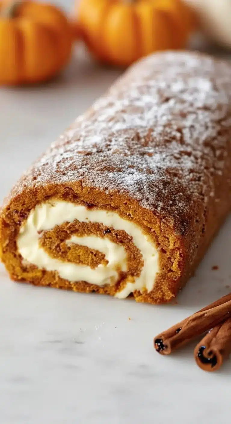 Fall Pumpkin Spice Roll Cake with Cream Cheese Filling and Cinnamon Sticks.