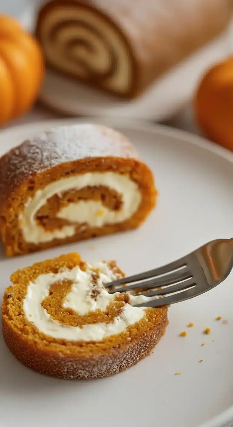 Close-up of a slice of Fall Pumpkin Spice Roll Cake with cream cheese filling and a fork.
