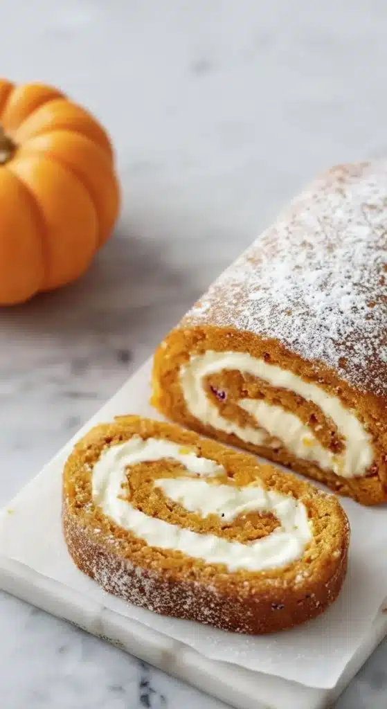 Fall pumpkin spice roll cake with cream cheese filling and powdered sugar. Pumpkin in background.