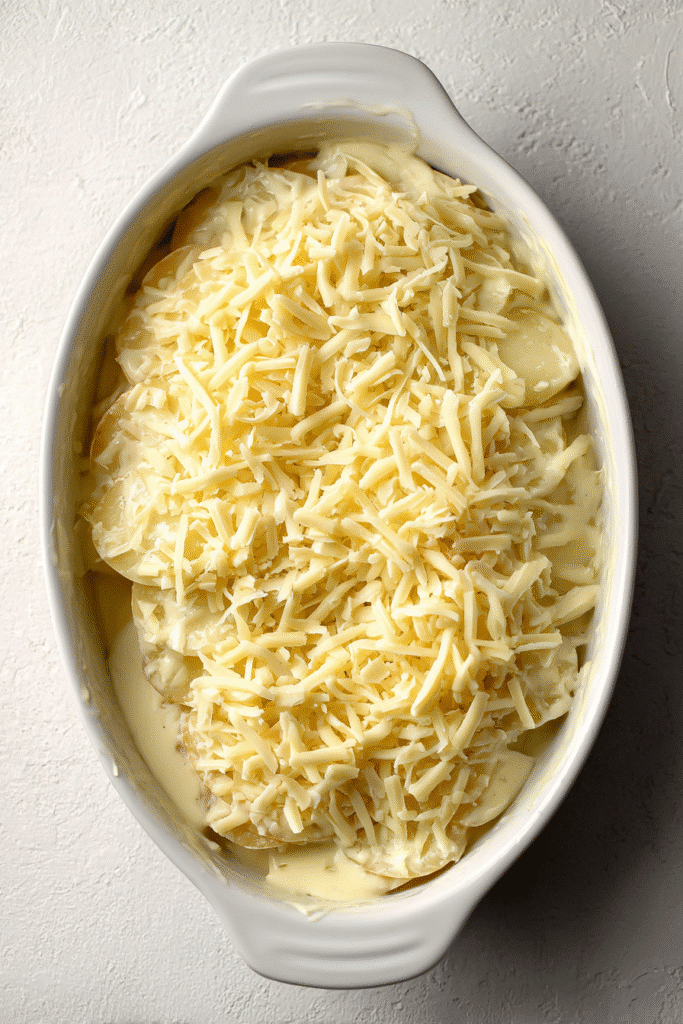 cheese-topped creamy scalloped potatoes ready to bake
