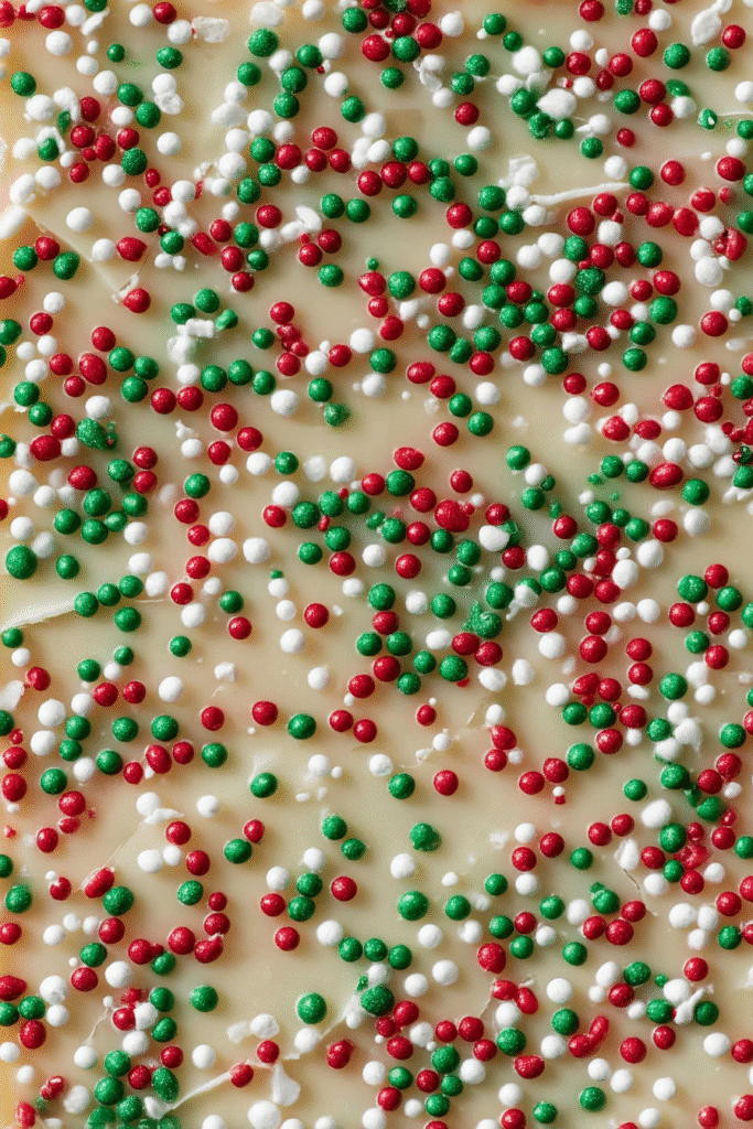Christmas fudge close-up. Homemade dessert with red, green, and white sprinkles. Holiday treat.