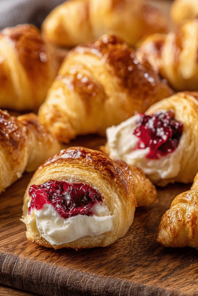 cranberry cream cheese crescent bites on wooden surface with flaky crust and glossy filling