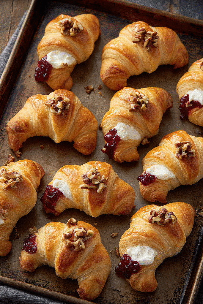 cranberry cream cheese crescent bites on a rustic tray with pecans and golden crust