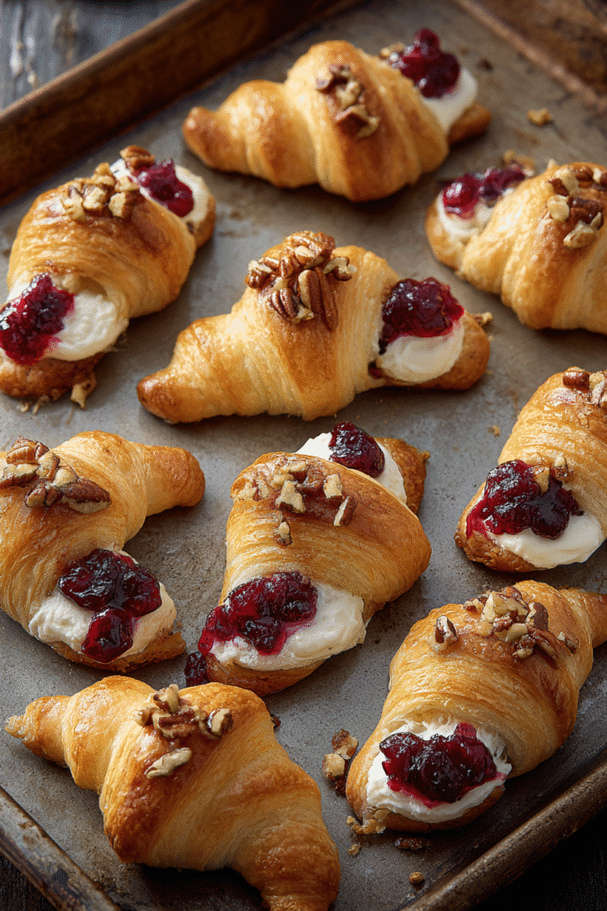 cranberry cream cheese crescent bites on a rustic tray with pecans and golden crust