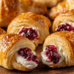 cranberry cream cheese crescent bites on wooden surface with flaky crust and glossy filling