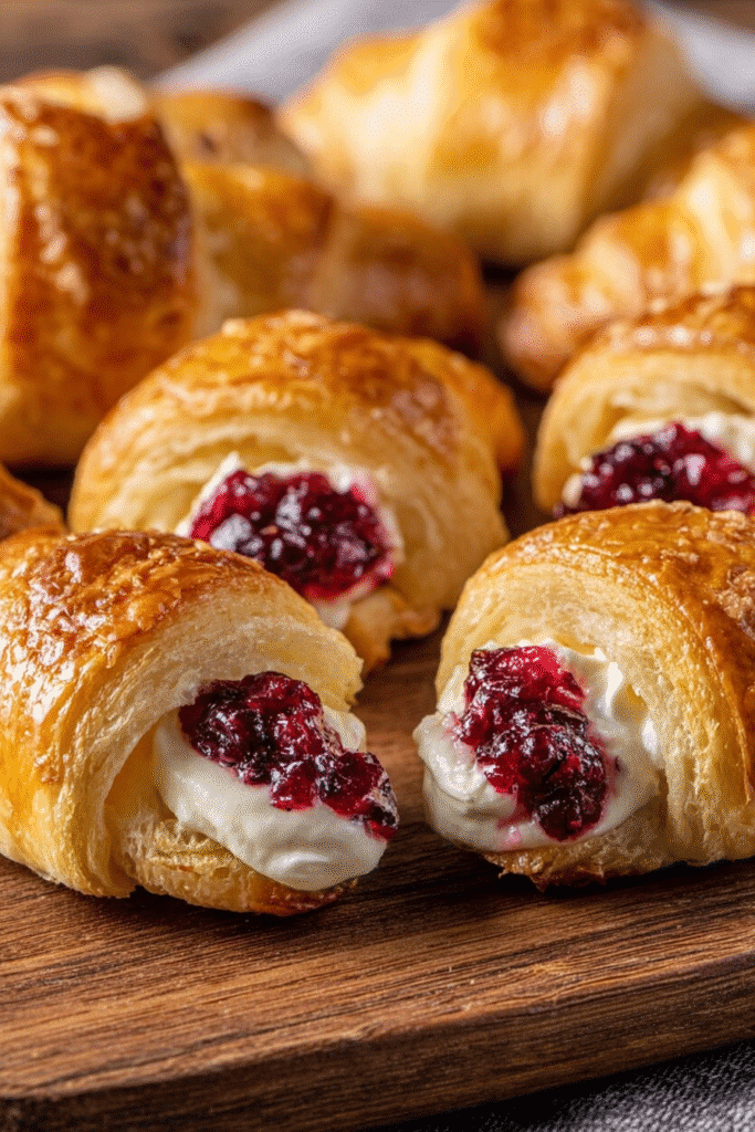 cranberry cream cheese crescent bites on wooden surface with flaky crust and glossy filling