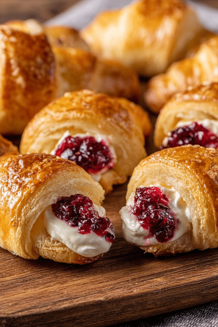 cranberry cream cheese crescent bites on wooden surface with flaky crust and glossy filling