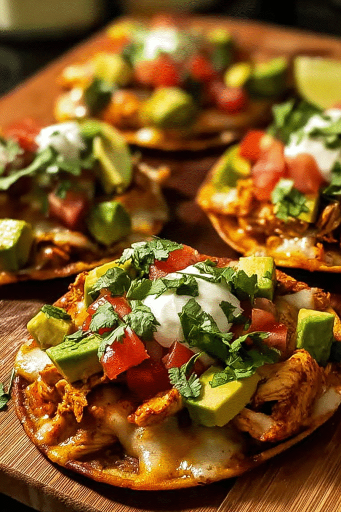 Chicken tostadas with cheese sauce, avocado, tomato, sour cream, and cilantro