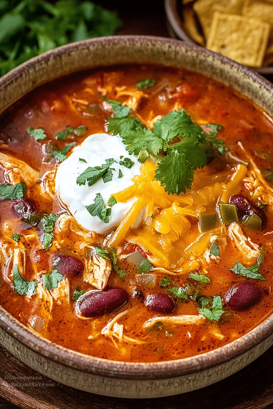 flavorful slow cooker chicken enchilada soup topped with cheese sour cream and cilantro