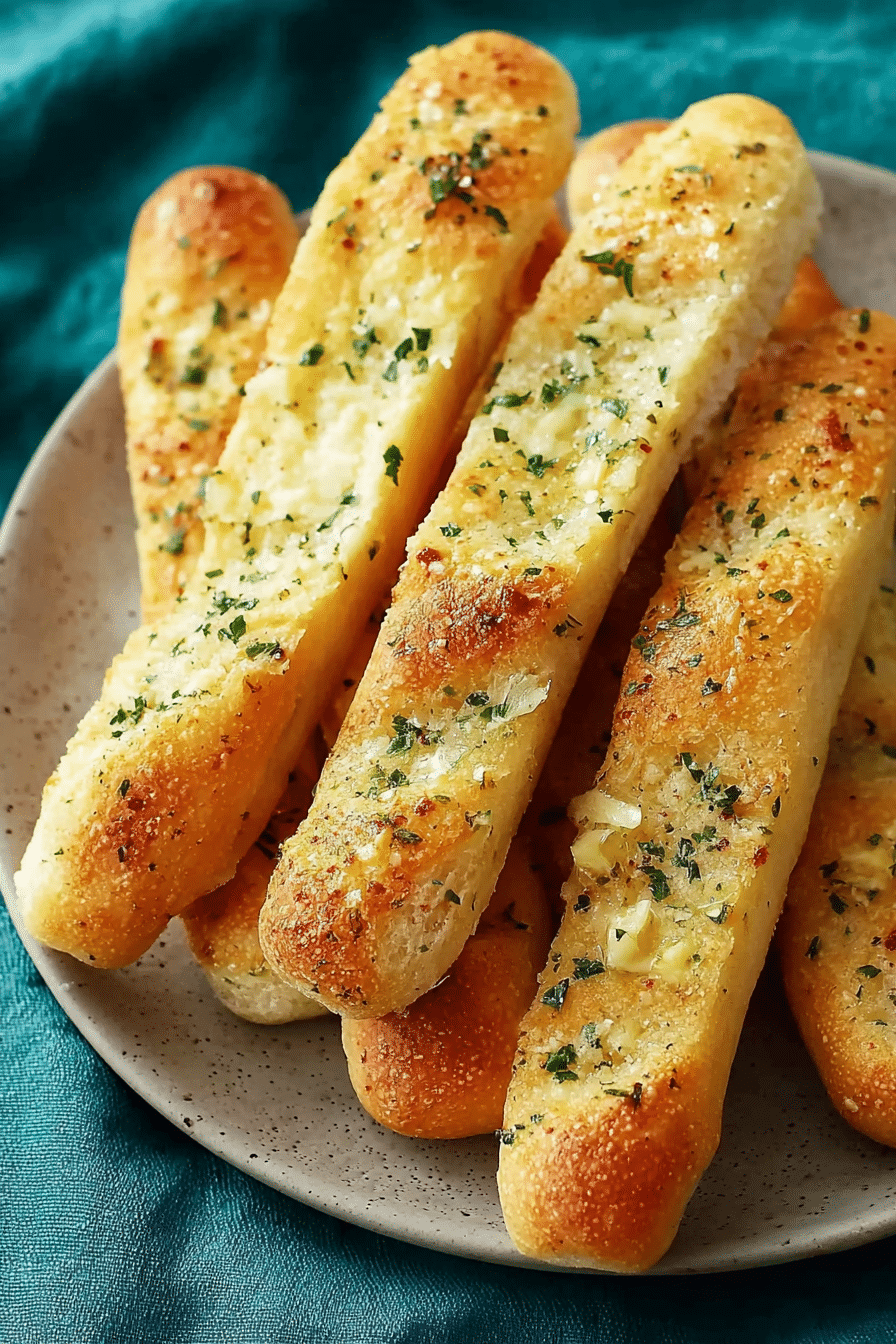 Golden garlic breadsticks with butter and herbs on a plate