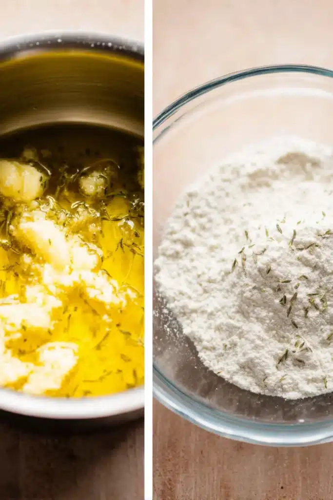 Garlic bread rolls prep: melted butter with garlic and herbs; flour mix in a bowl.