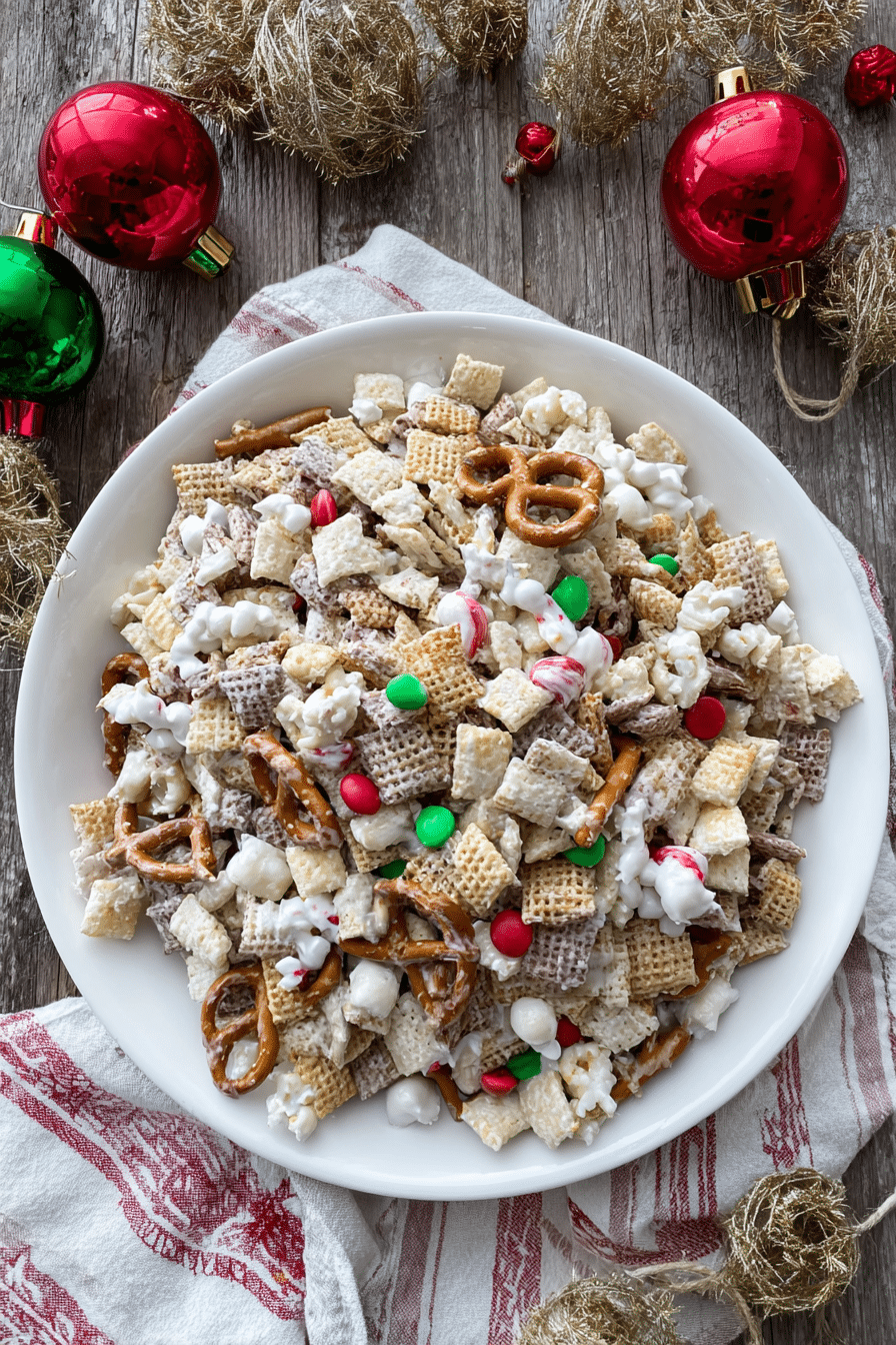 gluten free reindeer chow on holiday plate with ornaments