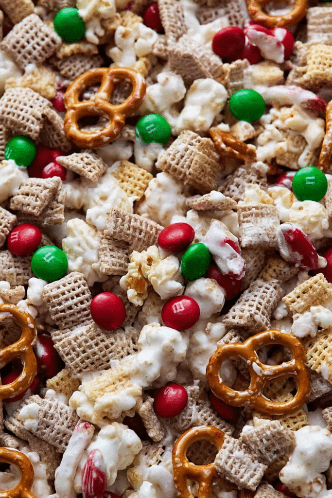 gluten free reindeer chow snack mix with popcorn and pretzels